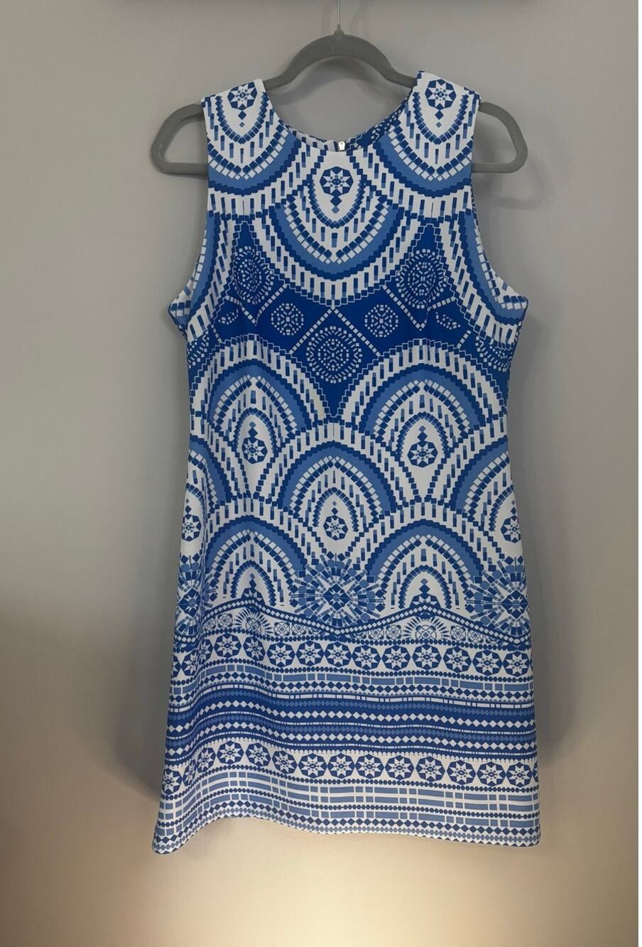 Just...Taylor blue and white geometric pattern, size 12 polyester,spandex